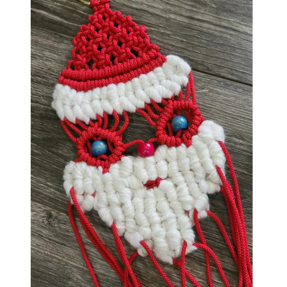Handmade Macrame Santa‎ & Christmas Tree Wall Hangings Wood Beads Lot of TWO